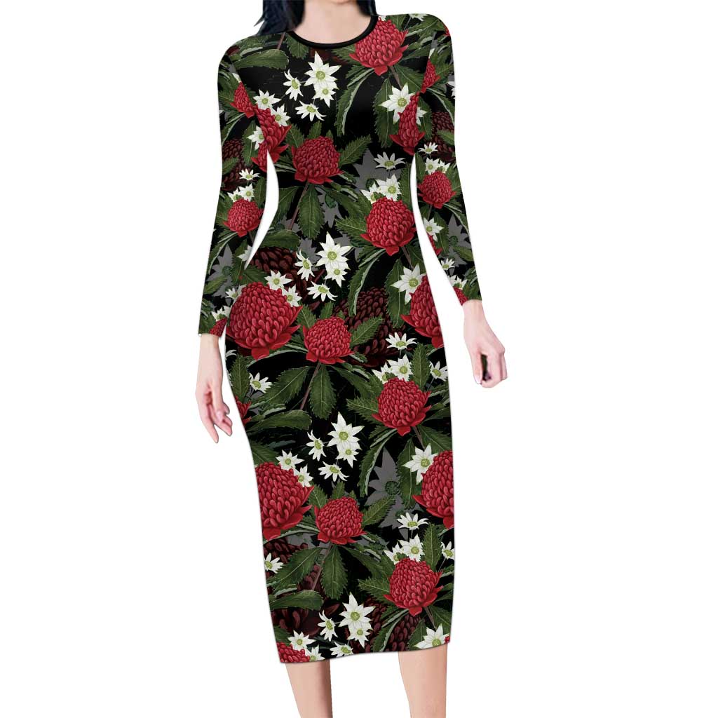 Australia Waratah Flannel Flower Long Sleeve Bodycon Dress Aussie Native Flowers Seamless Stylized - Aussie Hoodie