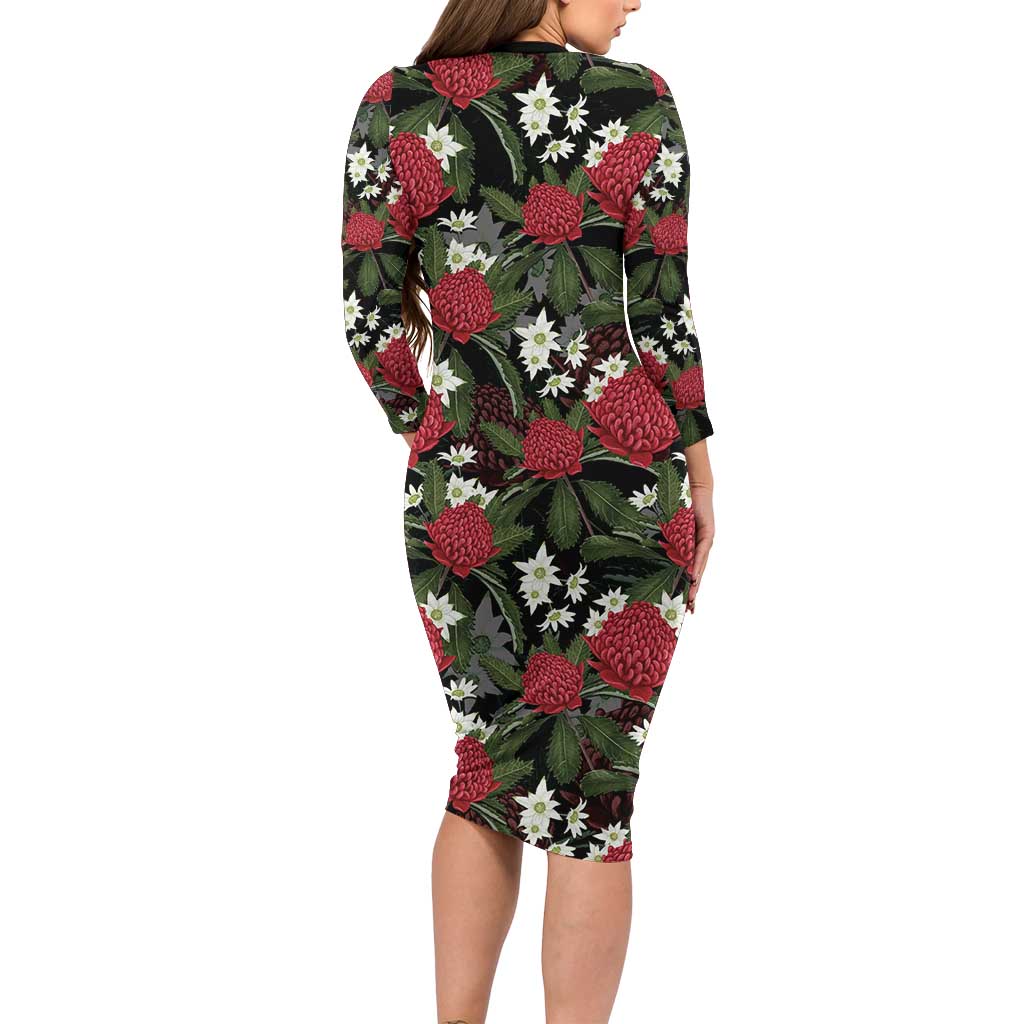 Australia Waratah Flannel Flower Long Sleeve Bodycon Dress Aussie Native Flowers Seamless Stylized - Aussie Hoodie