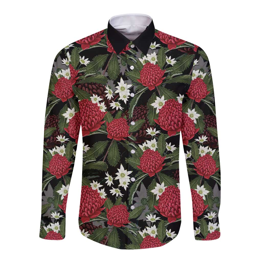 Australia Waratah Flannel Flower Long Sleeve Button Shirt Aussie Native Flowers Seamless Stylized - Aussie Hoodie