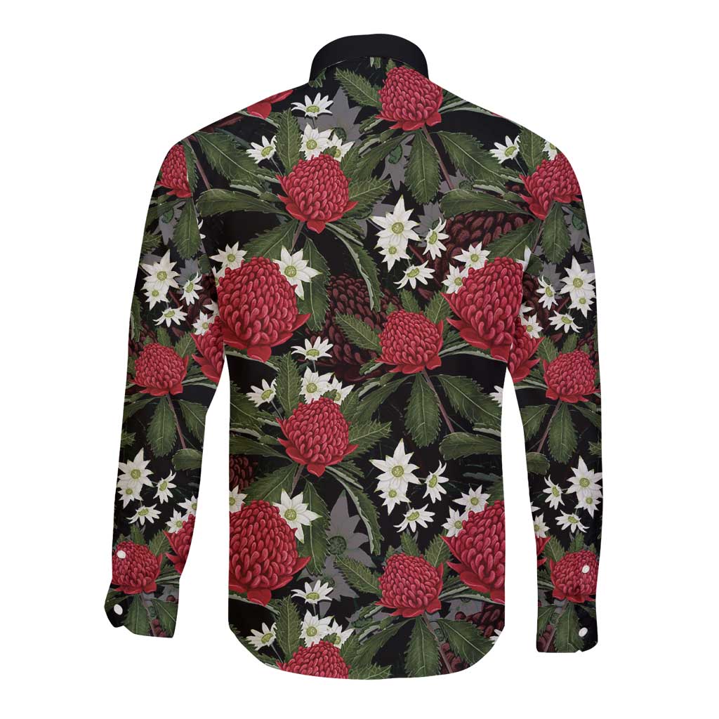 Australia Waratah Flannel Flower Long Sleeve Button Shirt Aussie Native Flowers Seamless Stylized - Aussie Hoodie