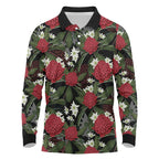 Australia Waratah Flannel Flower Long Sleeve Polo Shirt Aussie Native Flowers Seamless Stylized - Aussie Hoodie