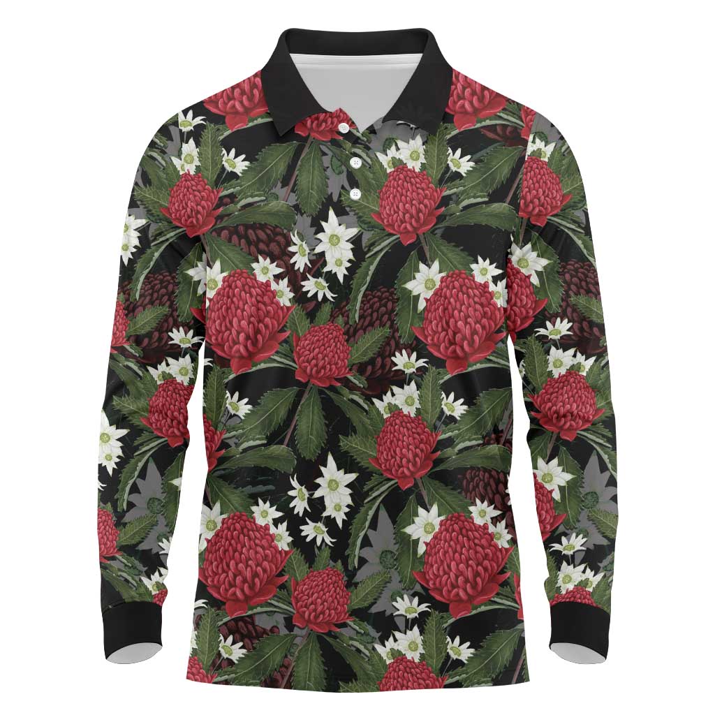Australia Waratah Flannel Flower Long Sleeve Polo Shirt Aussie Native Flowers Seamless Stylized - Aussie Hoodie