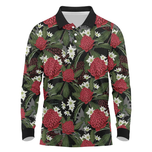 Australia Waratah Flannel Flower Long Sleeve Polo Shirt Aussie Native Flowers Seamless Stylized - Aussie Hoodie