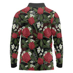 Australia Waratah Flannel Flower Long Sleeve Polo Shirt Aussie Native Flowers Seamless Stylized - Aussie Hoodie
