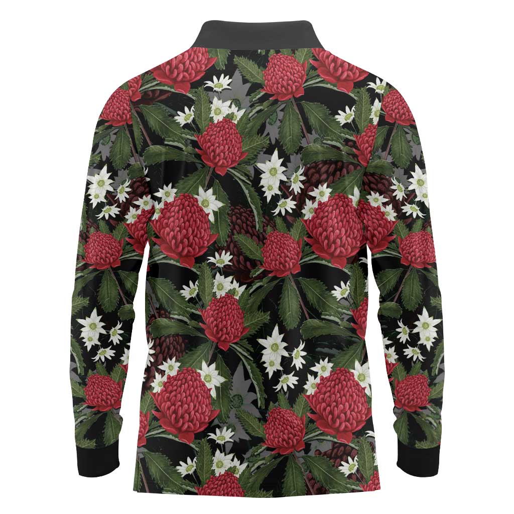 Australia Waratah Flannel Flower Long Sleeve Polo Shirt Aussie Native Flowers Seamless Stylized - Aussie Hoodie