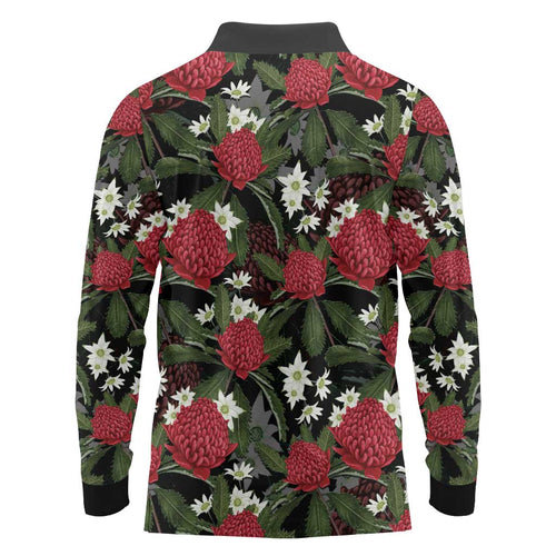 Australia Waratah Flannel Flower Long Sleeve Polo Shirt Aussie Native Flowers Seamless Stylized - Aussie Hoodie