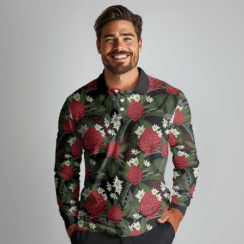 Australia Waratah Flannel Flower Long Sleeve Polo Shirt Aussie Native Flowers Seamless Stylized - Aussie Hoodie