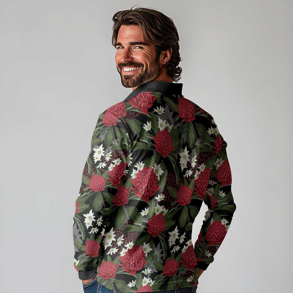 Australia Waratah Flannel Flower Long Sleeve Polo Shirt Aussie Native Flowers Seamless Stylized - Aussie Hoodie