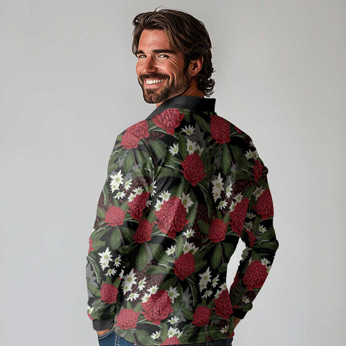 Australia Waratah Flannel Flower Long Sleeve Polo Shirt Aussie Native Flowers Seamless Stylized - Aussie Hoodie