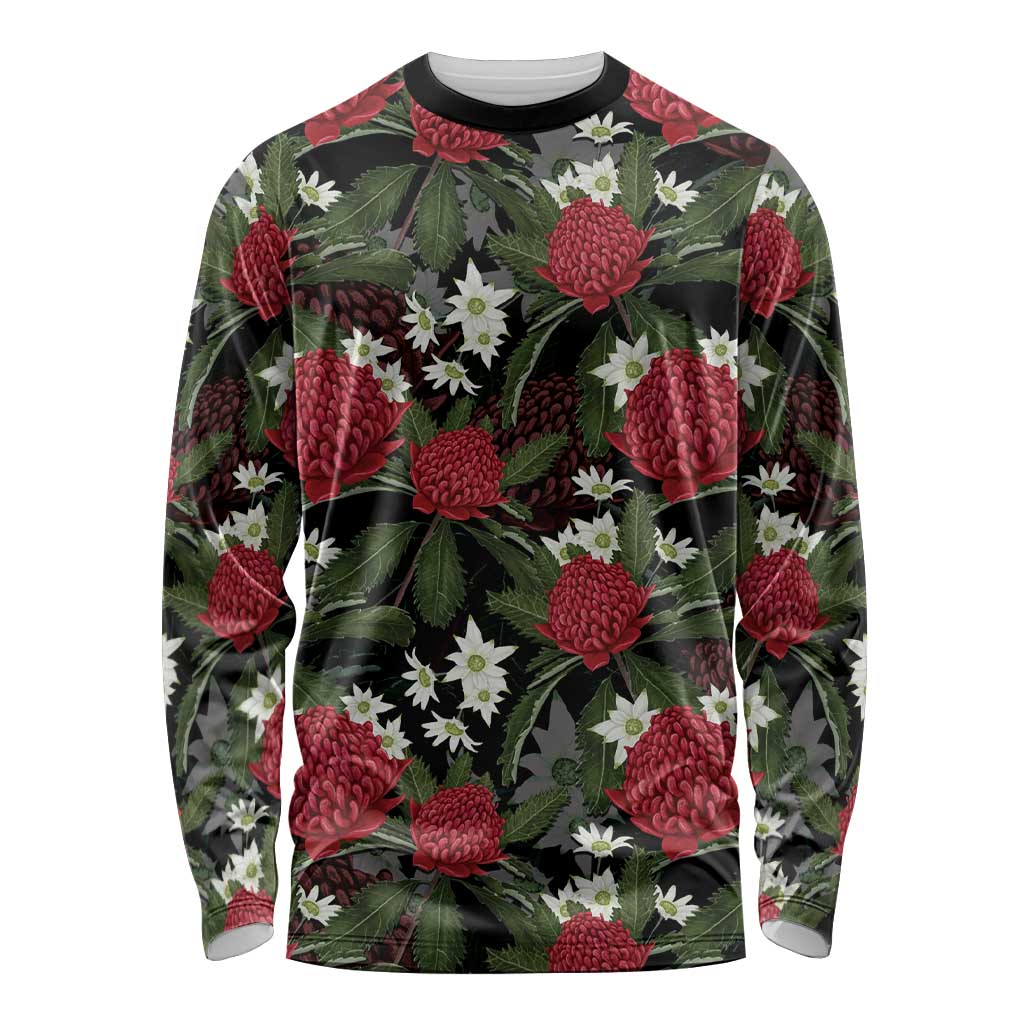 Australia Waratah Flannel Flower Long Sleeve Shirt Aussie Native Flowers Seamless Stylized - Aussie Hoodie