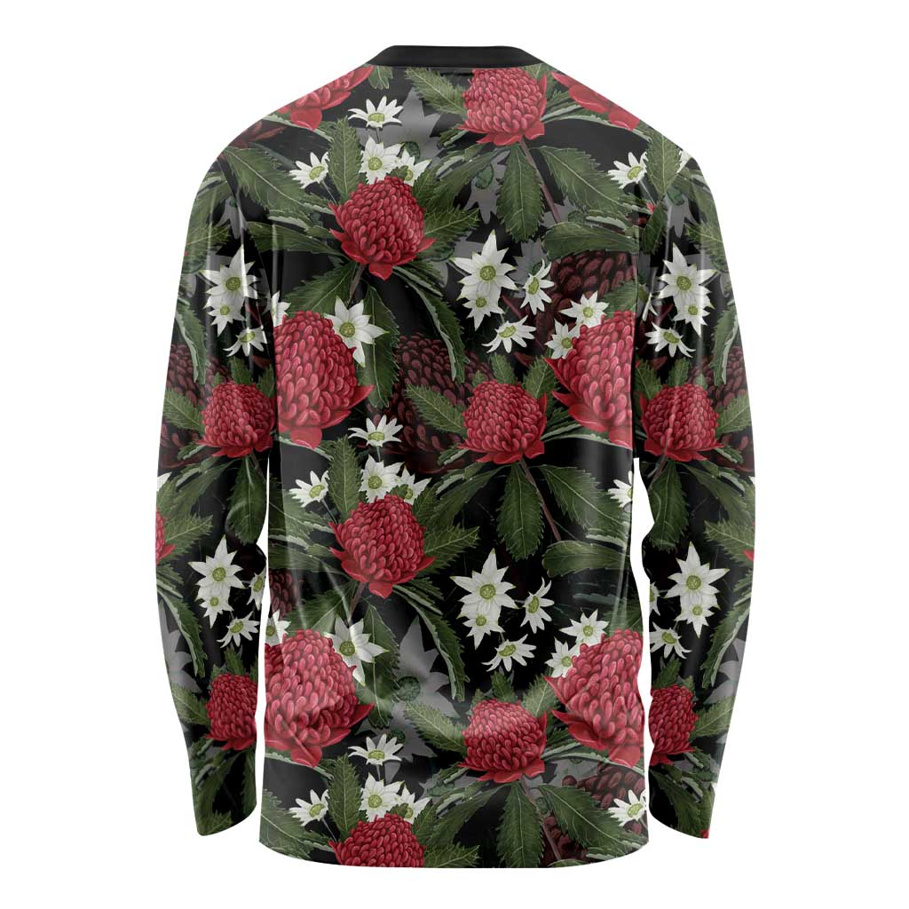 Australia Waratah Flannel Flower Long Sleeve Shirt Aussie Native Flowers Seamless Stylized - Aussie Hoodie
