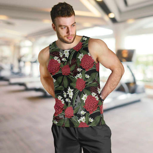 Australia Waratah Flannel Flower Men Tank Top Aussie Native Flowers Seamless Stylized - Aussie Hoodie