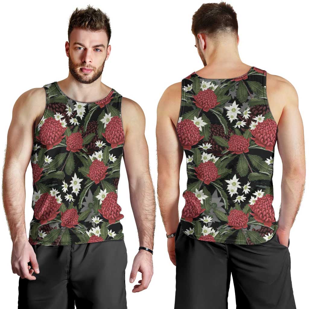 Australia Waratah Flannel Flower Men Tank Top Aussie Native Flowers Seamless Stylized - Aussie Hoodie