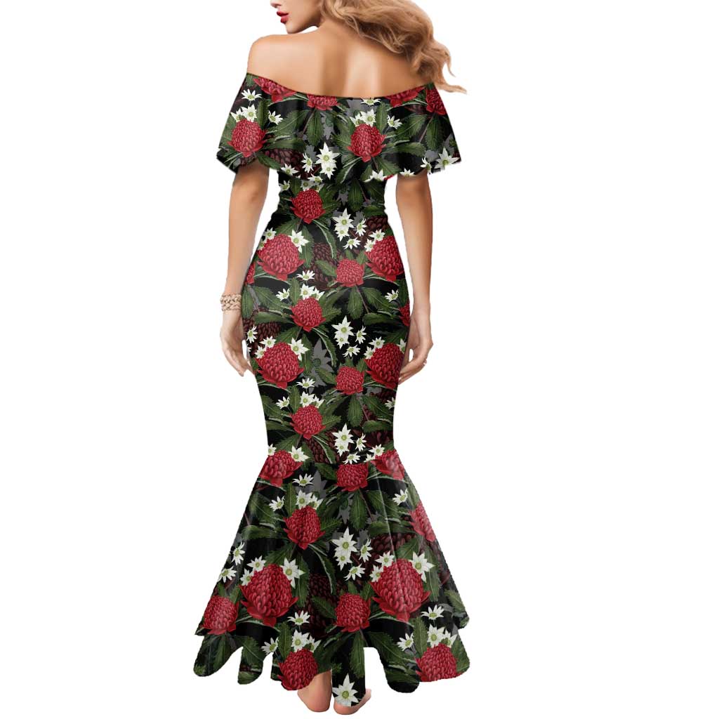 Australia Waratah Flannel Flower Mermaid Dress Aussie Native Flowers Seamless Stylized - Aussie Hoodie