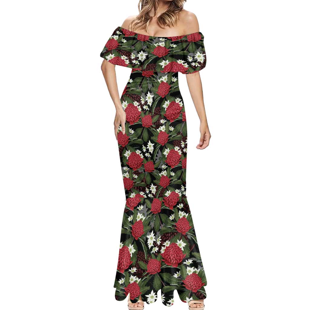 Australia Waratah Flannel Flower Mermaid Dress Aussie Native Flowers Seamless Stylized - Aussie Hoodie