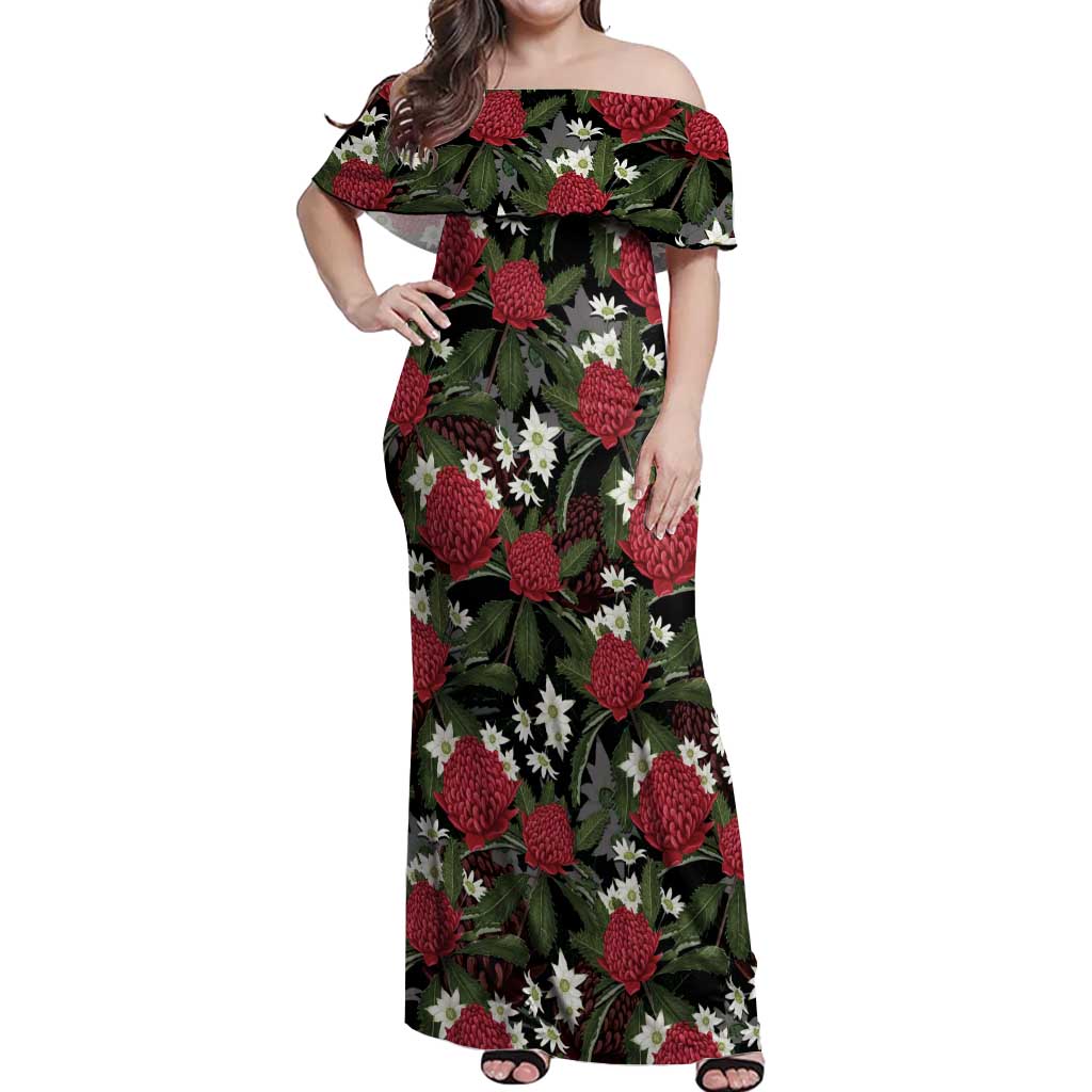 Australia Waratah Flannel Flower Off Shoulder Maxi Dress Aussie Native Flowers Seamless Stylized - Aussie Hoodie