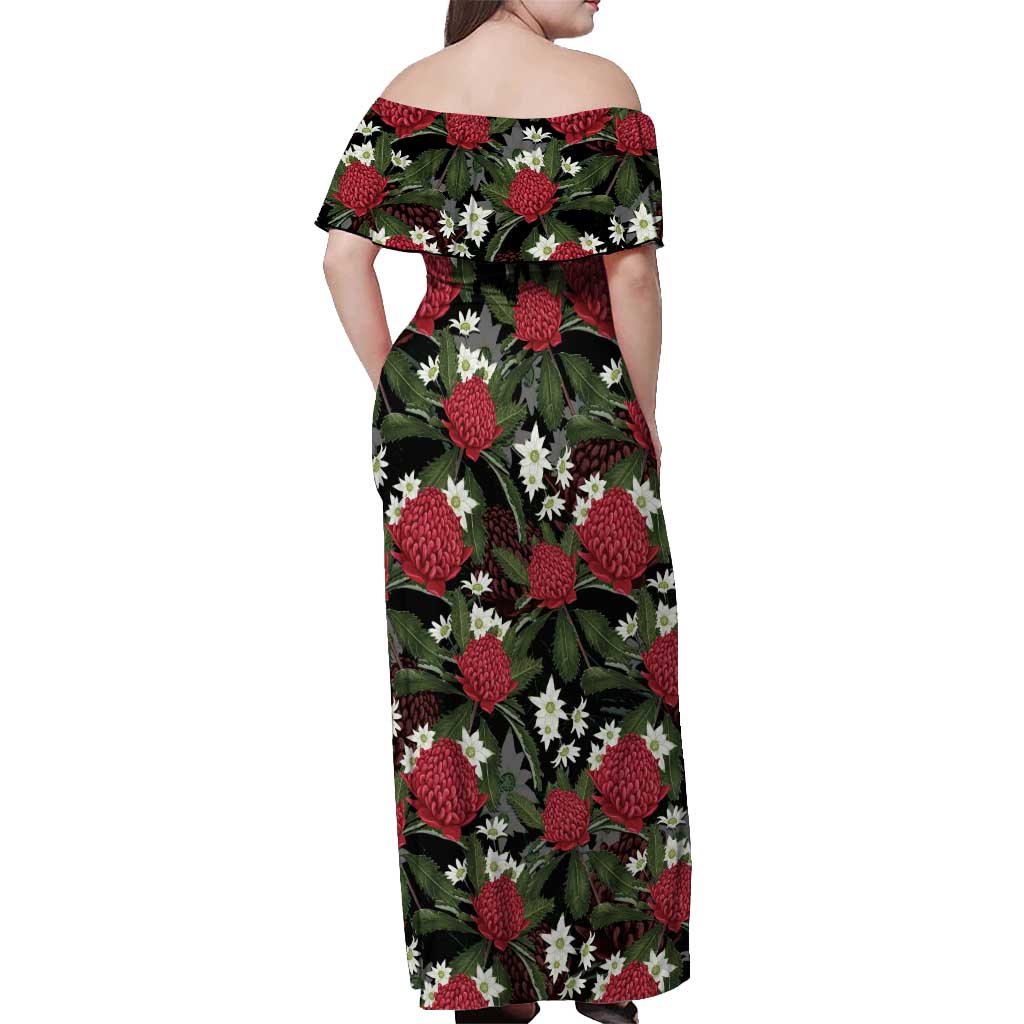 Australia Waratah Flannel Flower Off Shoulder Maxi Dress Aussie Native Flowers Seamless Stylized - Aussie Hoodie