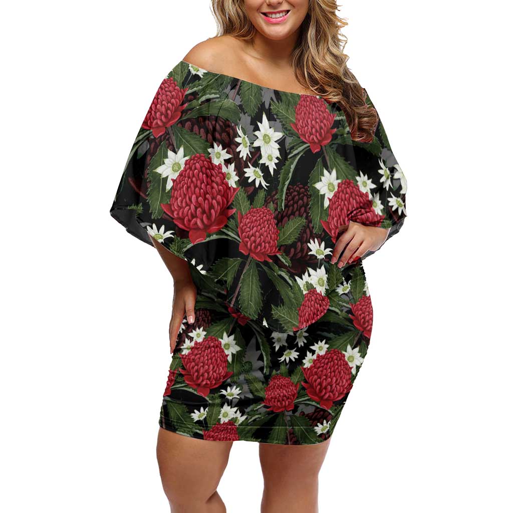 Australia Waratah Flannel Flower Off Shoulder Short Dress Aussie Native Flowers Seamless Stylized - Aussie Hoodie