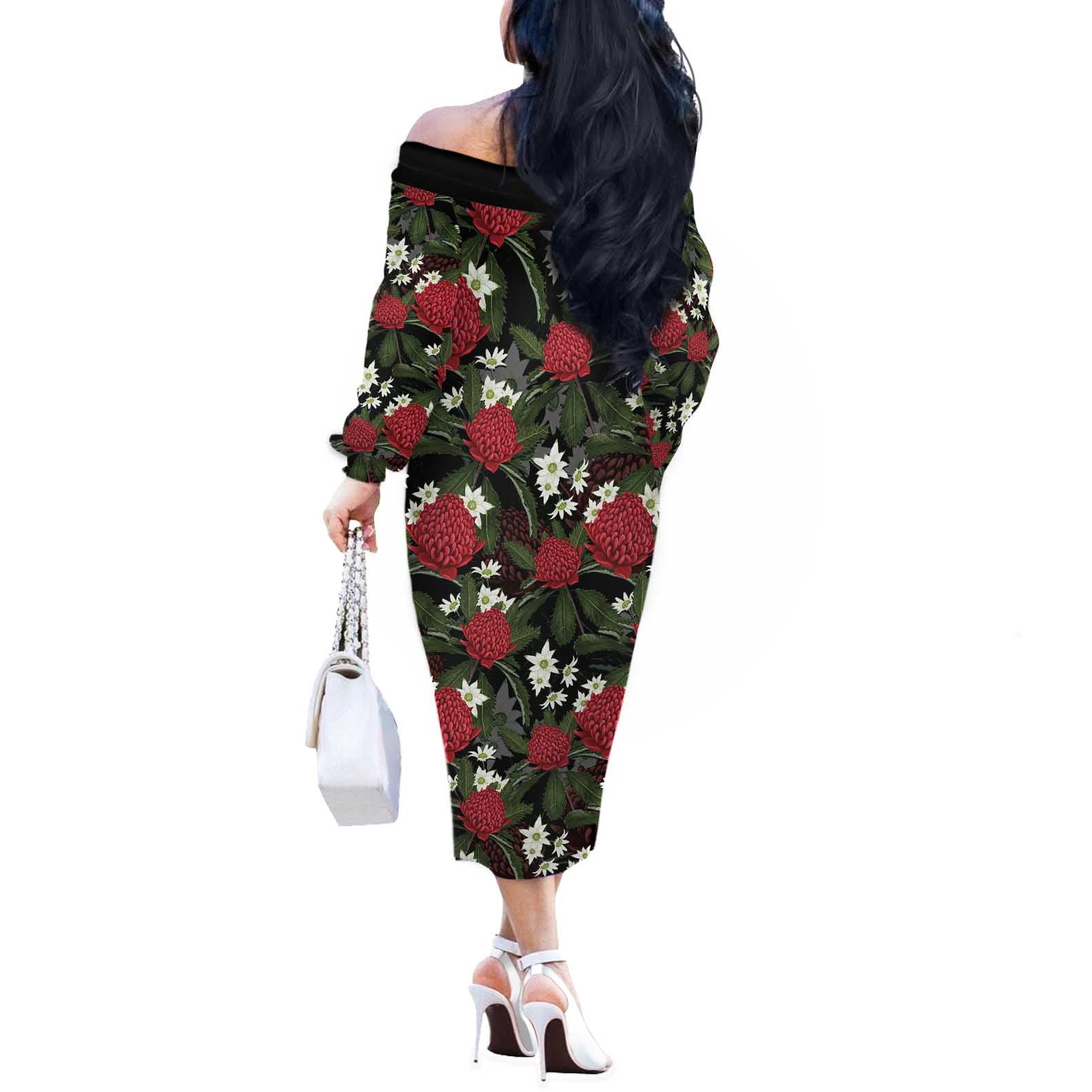 Australia Waratah Flannel Flower Off The Shoulder Long Sleeve Dress Aussie Native Flowers Seamless Stylized - Aussie Hoodie