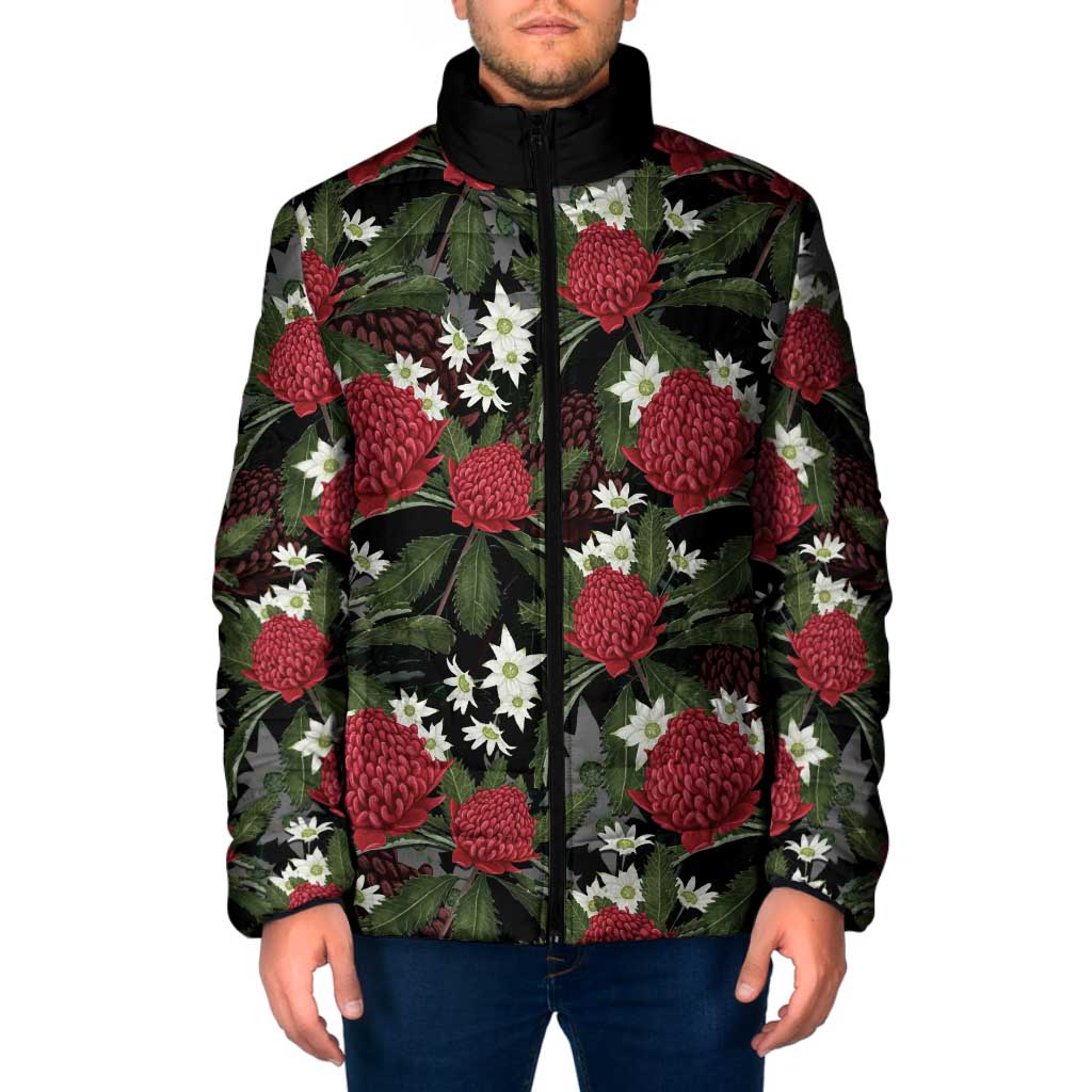 Australia Waratah Flannel Flower Padded Jacket Aussie Native Flowers Seamless Stylized - Aussie Hoodie