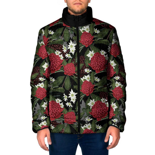 Australia Waratah Flannel Flower Padded Jacket Aussie Native Flowers Seamless Stylized - Aussie Hoodie
