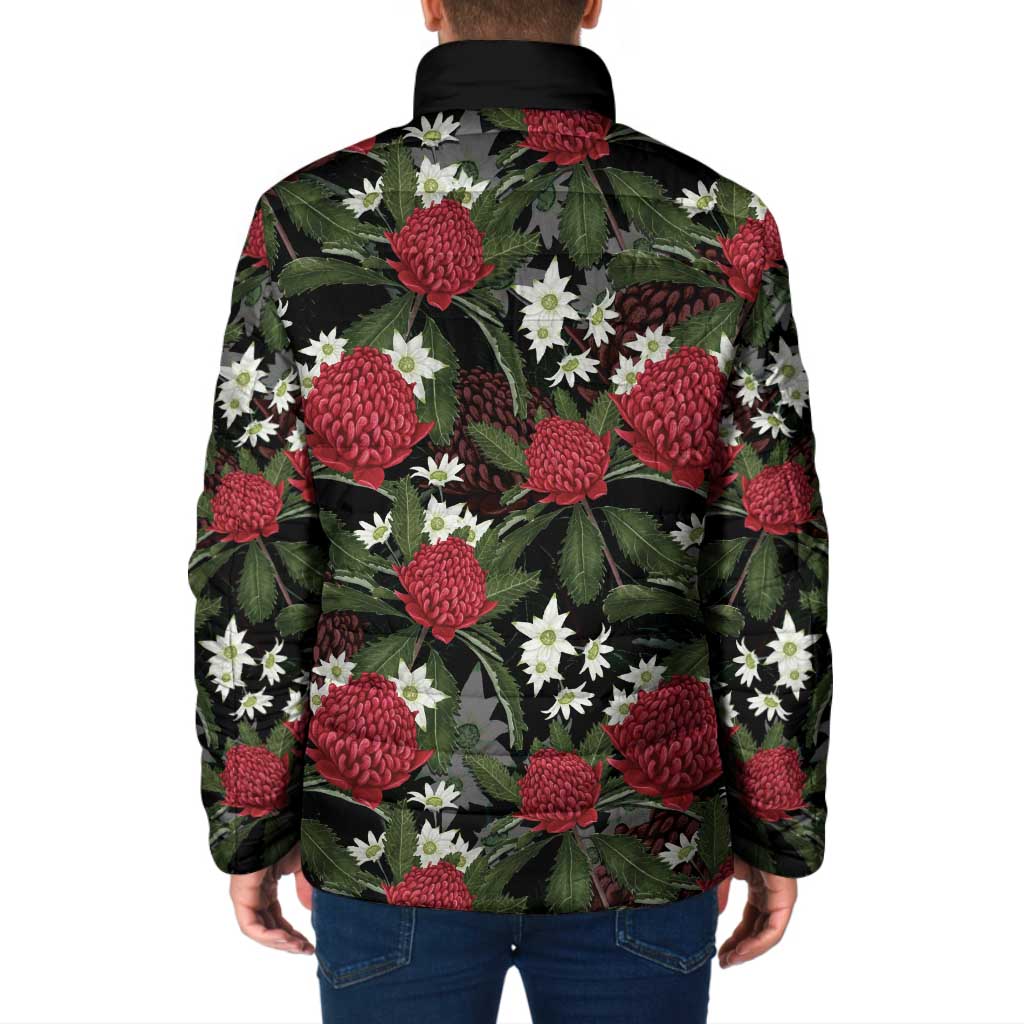 Australia Waratah Flannel Flower Padded Jacket Aussie Native Flowers Seamless Stylized - Aussie Hoodie