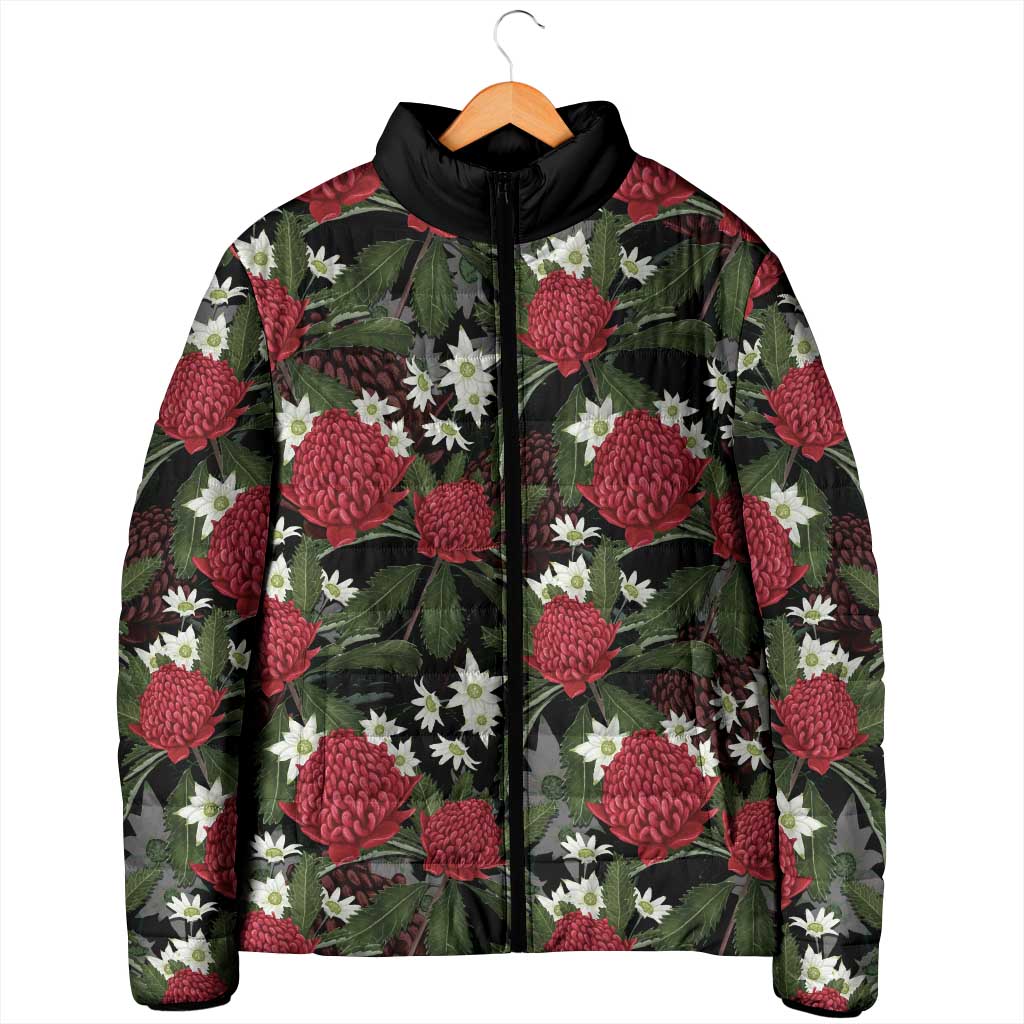Australia Waratah Flannel Flower Padded Jacket Aussie Native Flowers Seamless Stylized - Aussie Hoodie