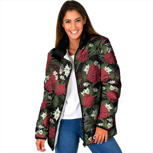 Australia Waratah Flannel Flower Padded Jacket Aussie Native Flowers Seamless Stylized - Aussie Hoodie