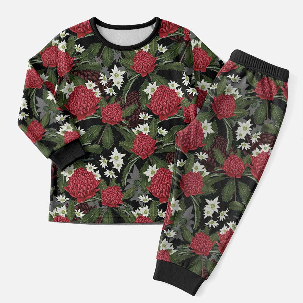 Australia Waratah Flannel Flower Christmas Pajama Set Aussie Native Flowers Seamless Stylized - Aussie Hoodie