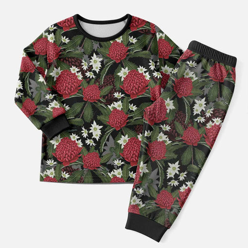 Australia Waratah Flannel Flower Christmas Pajama Set Aussie Native Flowers Seamless Stylized - Aussie Hoodie