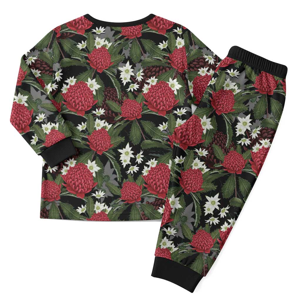 Australia Waratah Flannel Flower Christmas Pajama Set Aussie Native Flowers Seamless Stylized - Aussie Hoodie