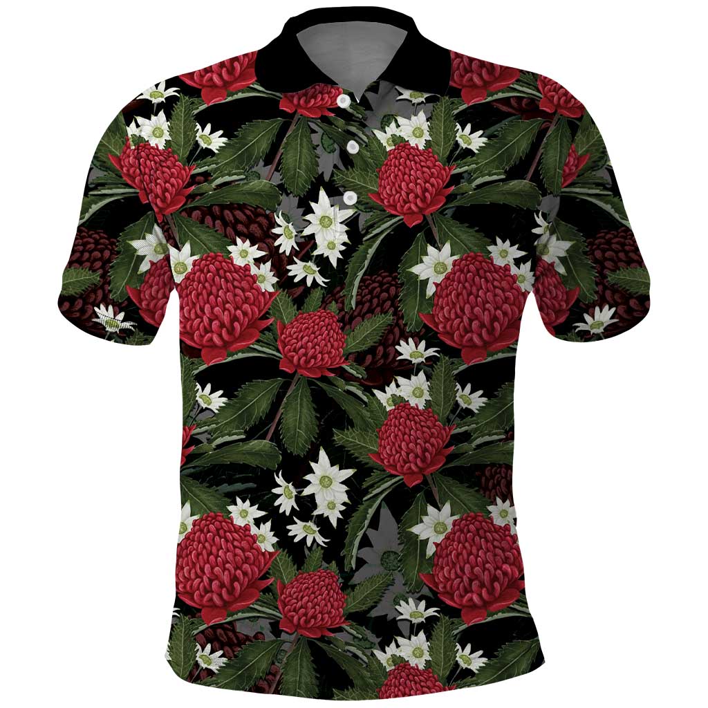 Australia Waratah Flannel Flower Polo Shirt Aussie Native Flowers Seamless Stylized - Aussie Hoodie