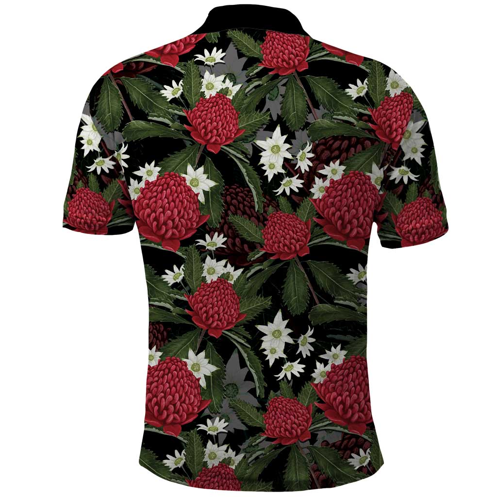 Australia Waratah Flannel Flower Polo Shirt Aussie Native Flowers Seamless Stylized - Aussie Hoodie