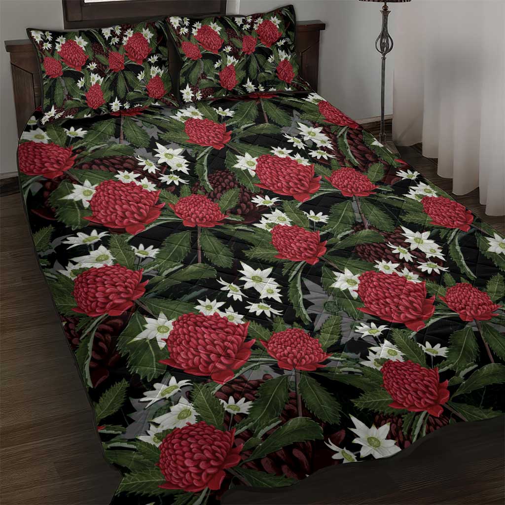 Australia Waratah Flannel Flower Quilt Bed Set Aussie Native Flowers Seamless Stylized - Aussie Hoodie