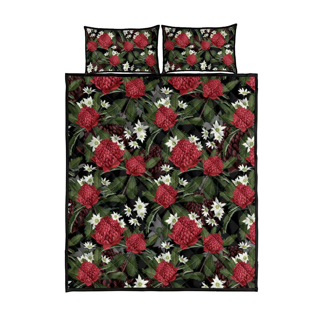 Australia Waratah Flannel Flower Quilt Bed Set Aussie Native Flowers Seamless Stylized - Aussie Hoodie