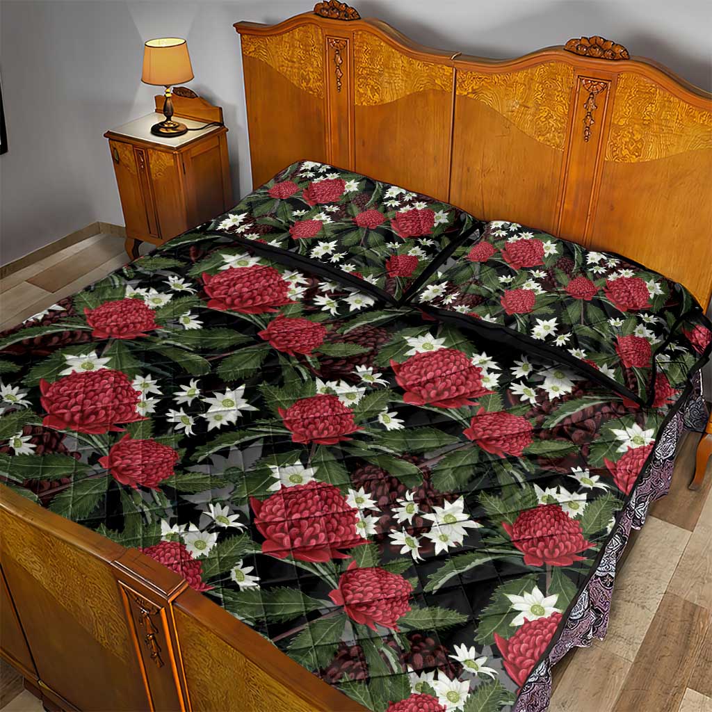 Australia Waratah Flannel Flower Quilt Bed Set Aussie Native Flowers Seamless Stylized - Aussie Hoodie