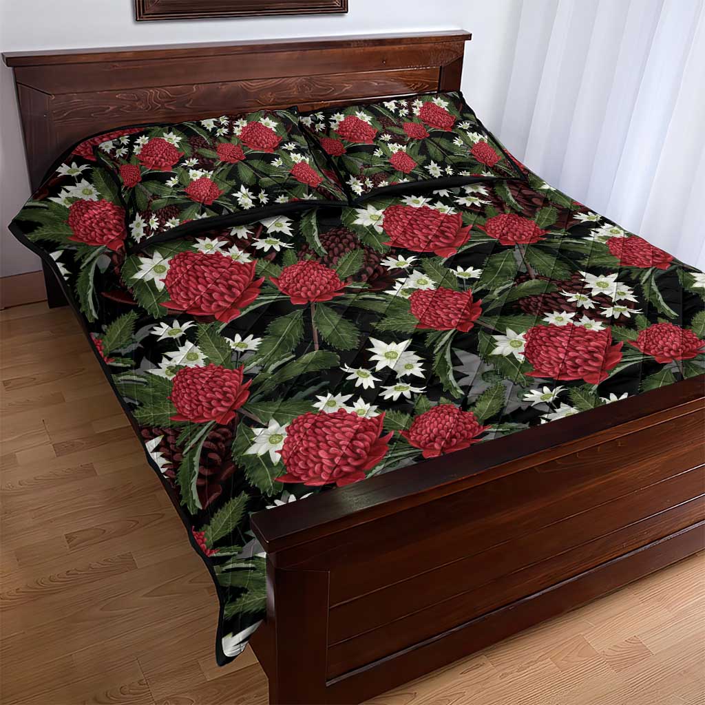 Australia Waratah Flannel Flower Quilt Bed Set Aussie Native Flowers Seamless Stylized - Aussie Hoodie