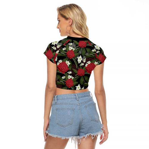 Australia Waratah Flannel Flower Raglan Cropped T Shirt Aussie Native Flowers Seamless Stylized - Aussie Hoodie
