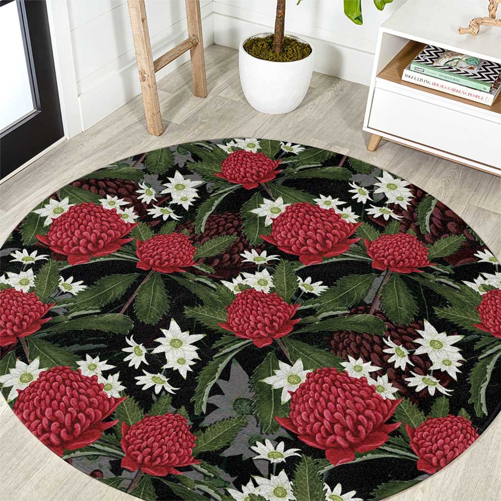 Australia Waratah Flannel Flower Round Carpet Aussie Native Flowers Seamless Stylized - Aussie Hoodie