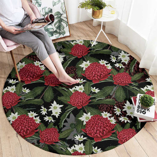 Australia Waratah Flannel Flower Round Carpet Aussie Native Flowers Seamless Stylized - Aussie Hoodie