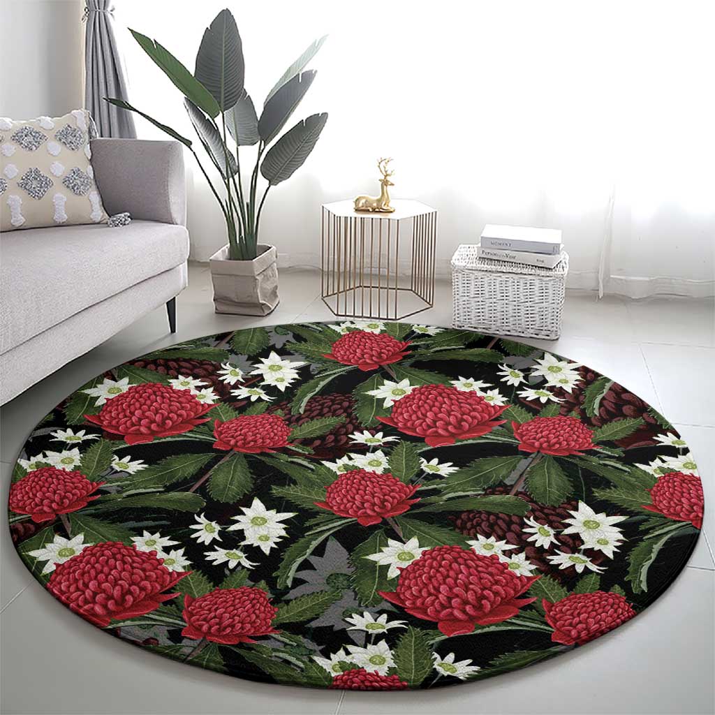 Australia Waratah Flannel Flower Round Carpet Aussie Native Flowers Seamless Stylized - Aussie Hoodie