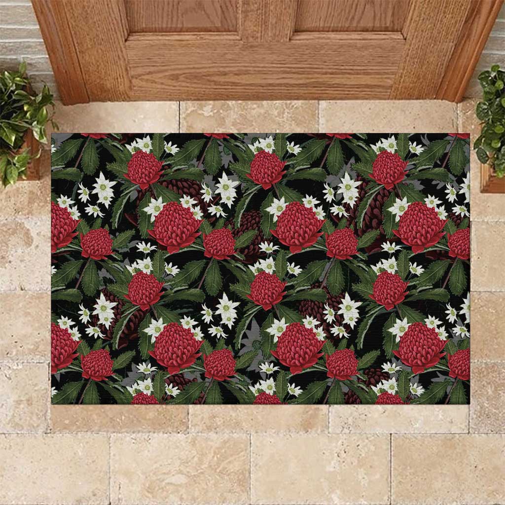 Australia Waratah Flannel Flower Rubber Doormat Aussie Native Flowers Seamless Stylized - Aussie Hoodie