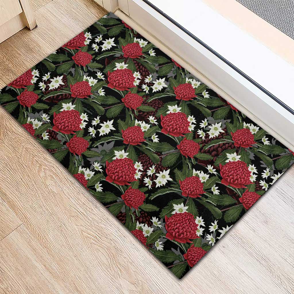 Australia Waratah Flannel Flower Rubber Doormat Aussie Native Flowers Seamless Stylized - Aussie Hoodie