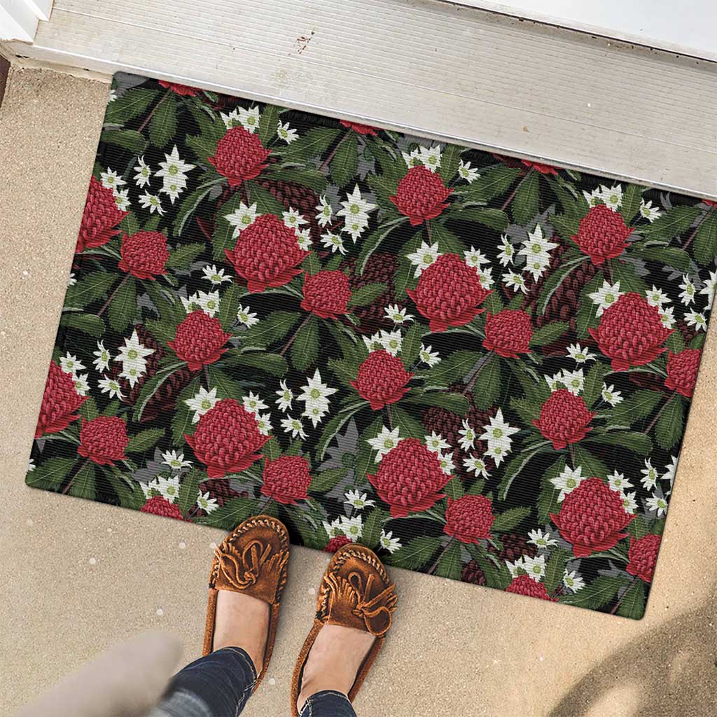Australia Waratah Flannel Flower Rubber Doormat Aussie Native Flowers Seamless Stylized - Aussie Hoodie