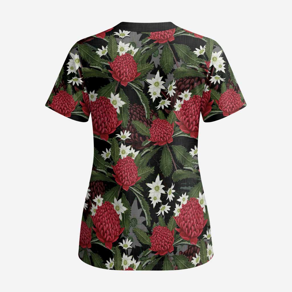 Australia Waratah Flannel Flower Scrub Top Aussie Native Flowers Seamless Stylized - Aussie Hoodie
