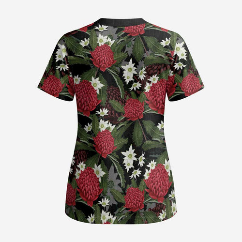 Australia Waratah Flannel Flower Scrub Top Aussie Native Flowers Seamless Stylized - Aussie Hoodie
