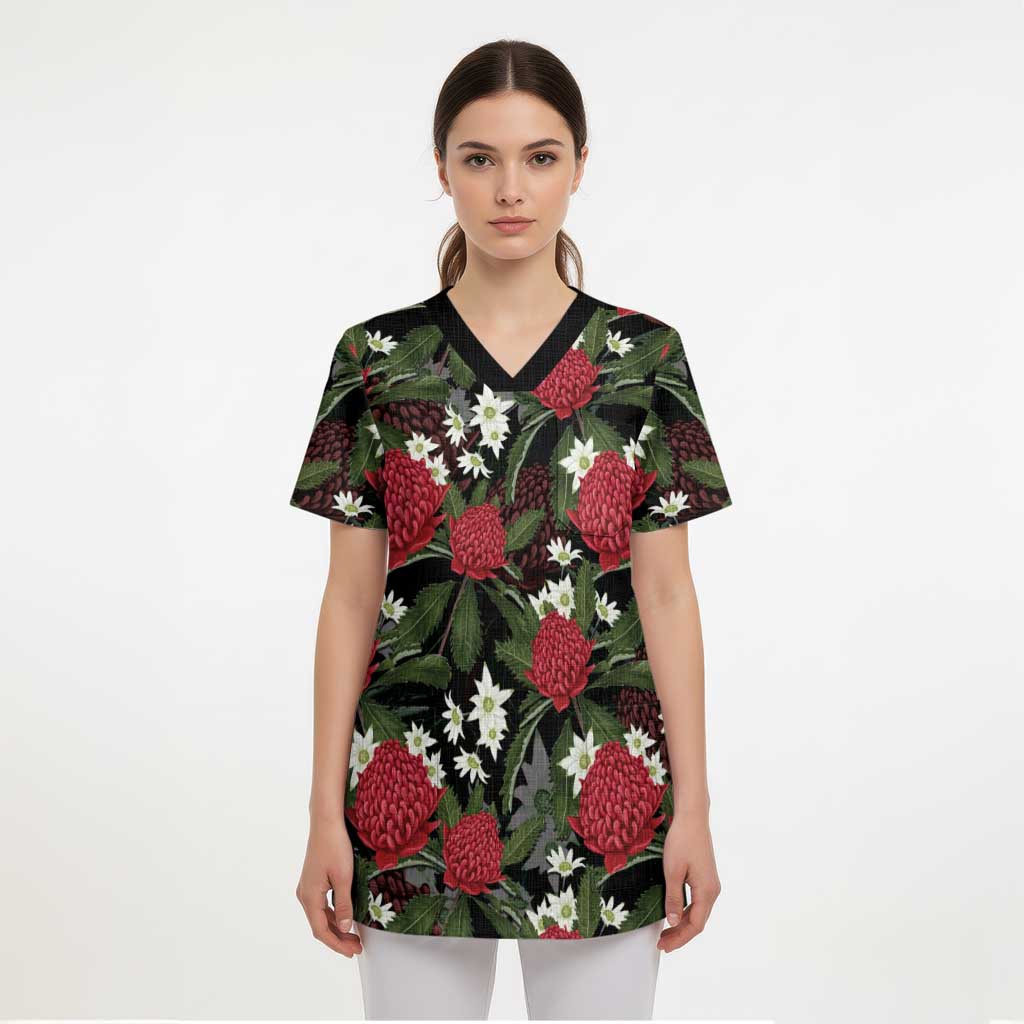 Australia Waratah Flannel Flower Scrub Top Aussie Native Flowers Seamless Stylized - Aussie Hoodie