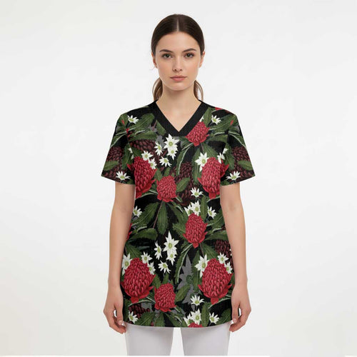Australia Waratah Flannel Flower Scrub Top Aussie Native Flowers Seamless Stylized - Aussie Hoodie
