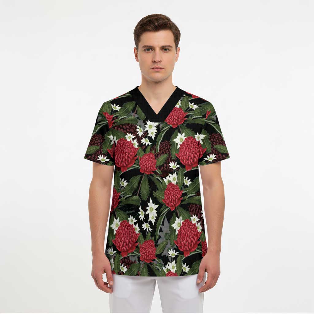 Australia Waratah Flannel Flower Scrub Top Aussie Native Flowers Seamless Stylized - Aussie Hoodie