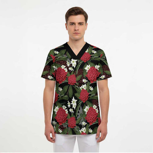 Australia Waratah Flannel Flower Scrub Top Aussie Native Flowers Seamless Stylized - Aussie Hoodie